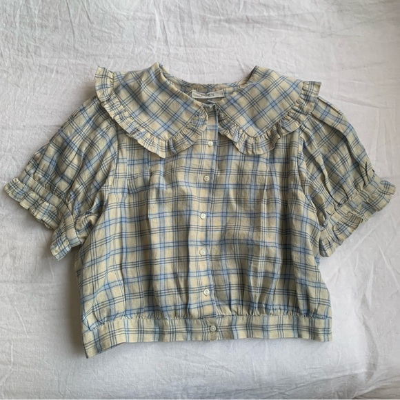 NWT Doen Sparrow Ramie Ruffle Collar Button Crop Top Meadowlark Plaid Blue - Picture 5 of 12